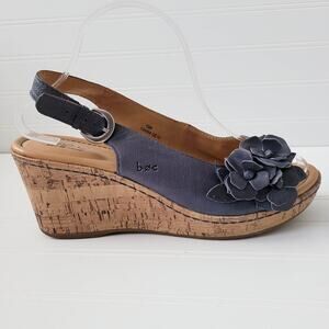 Born BOC Sandals 10M Blue Leather Flowers Cork Wedge Heel Slingback
